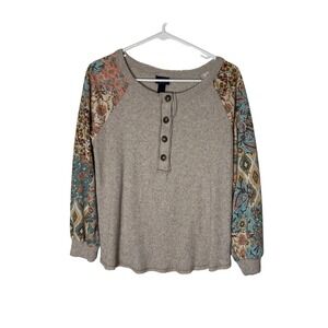 Daytrip Womens Henley Thermal Knit Top Mixed Print Raglan Sleeve Oatmeal Small